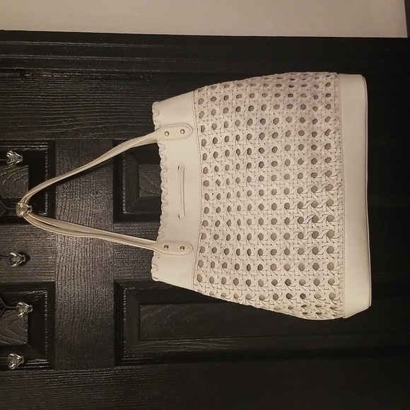 Women's Lauren Ralph Lauren Woven Leather Handbag; Cream Color 12x14 - Picture 2 of 16